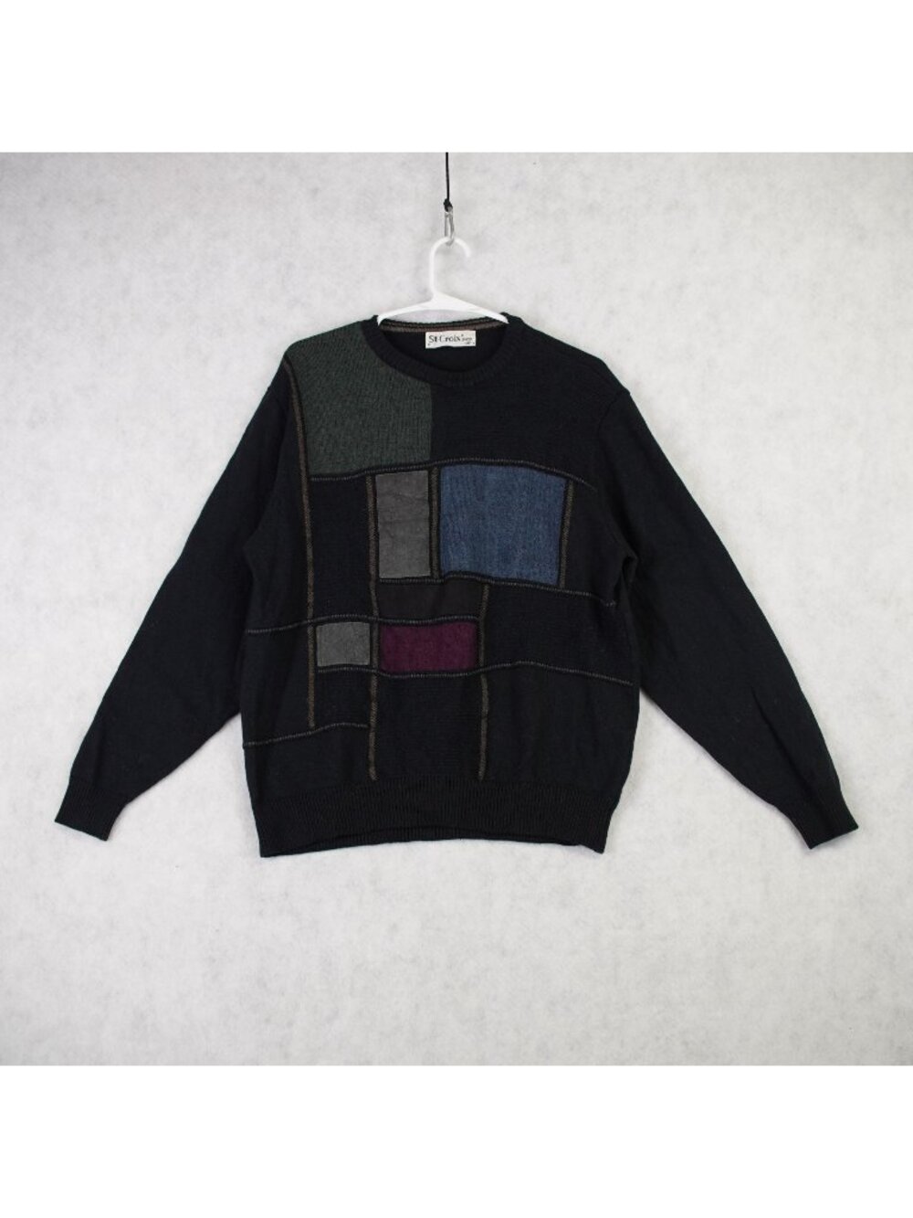 St. Croix Mens Wool % Geometric Knit Sweater Black Sz M Color Block USA Made